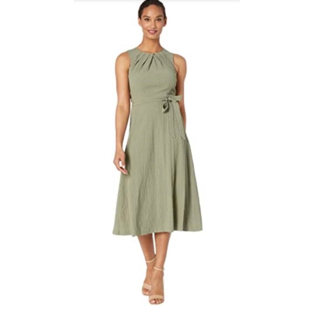 Calvin Klein Green Sleeveless Pleated Belted Dress – Size 8